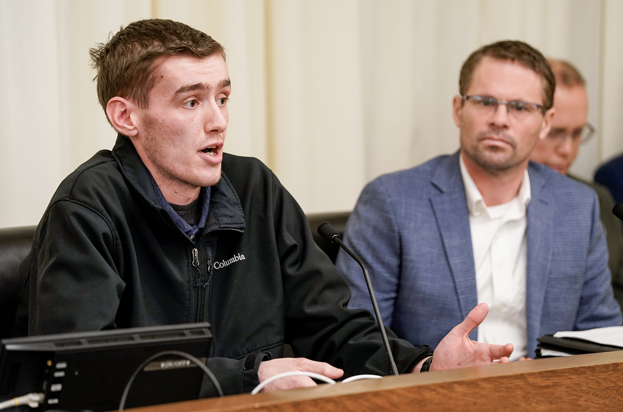 Trevor Quesnell, who attended Dunwoody College of Technology, testifies March 24 before the House Education Finance Committee in support of HF1791, sponsored by Rep. Peggy Scott. (Photo by Michele Jokinen)